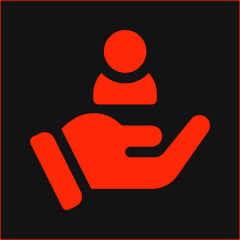 Red hand icon holding person symbol.