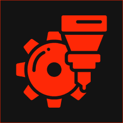 Red gear and drill icon on black.