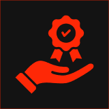 Hand holding a badge with checkmark icon.