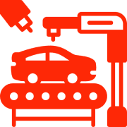 Red car on assembly line icon.