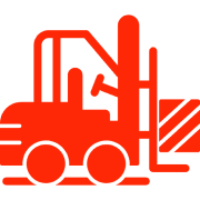 Red forklift icon on black background.