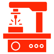 Red CNC machine icon on black background.