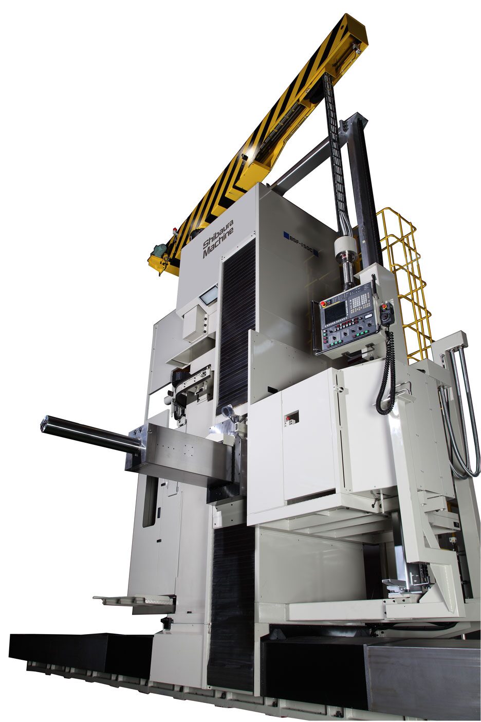 A large industrial metalworking press machine with safety rails and control panels.