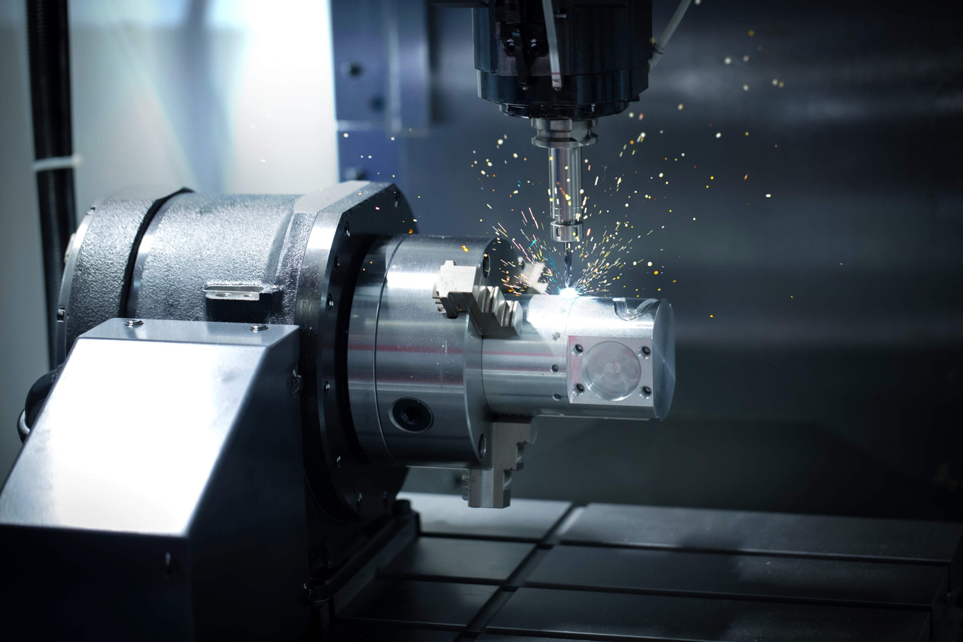CNC machine operating with sparks flying.